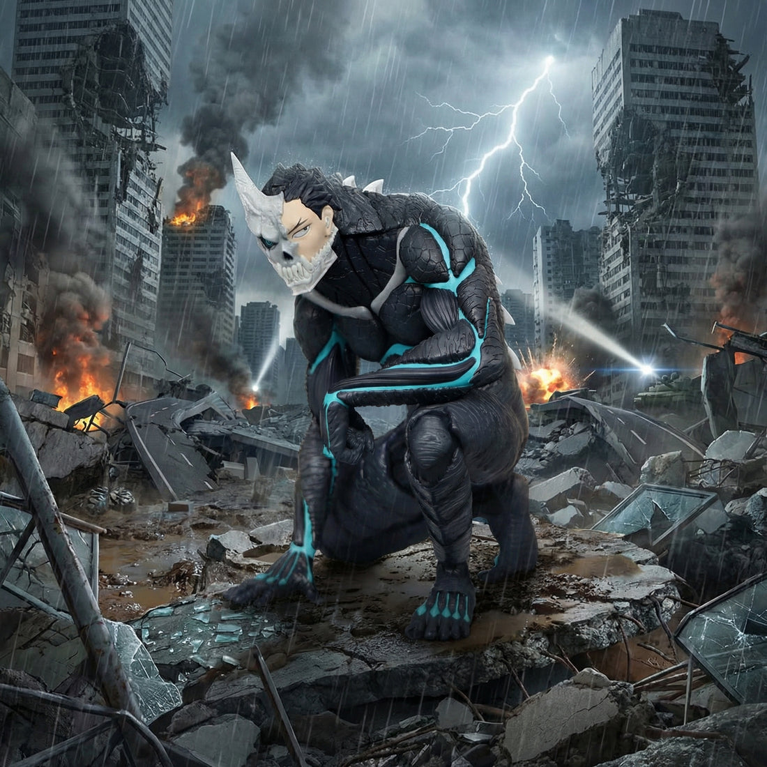Monster-like creature in a post-apocalyptic city with lightning and smoke