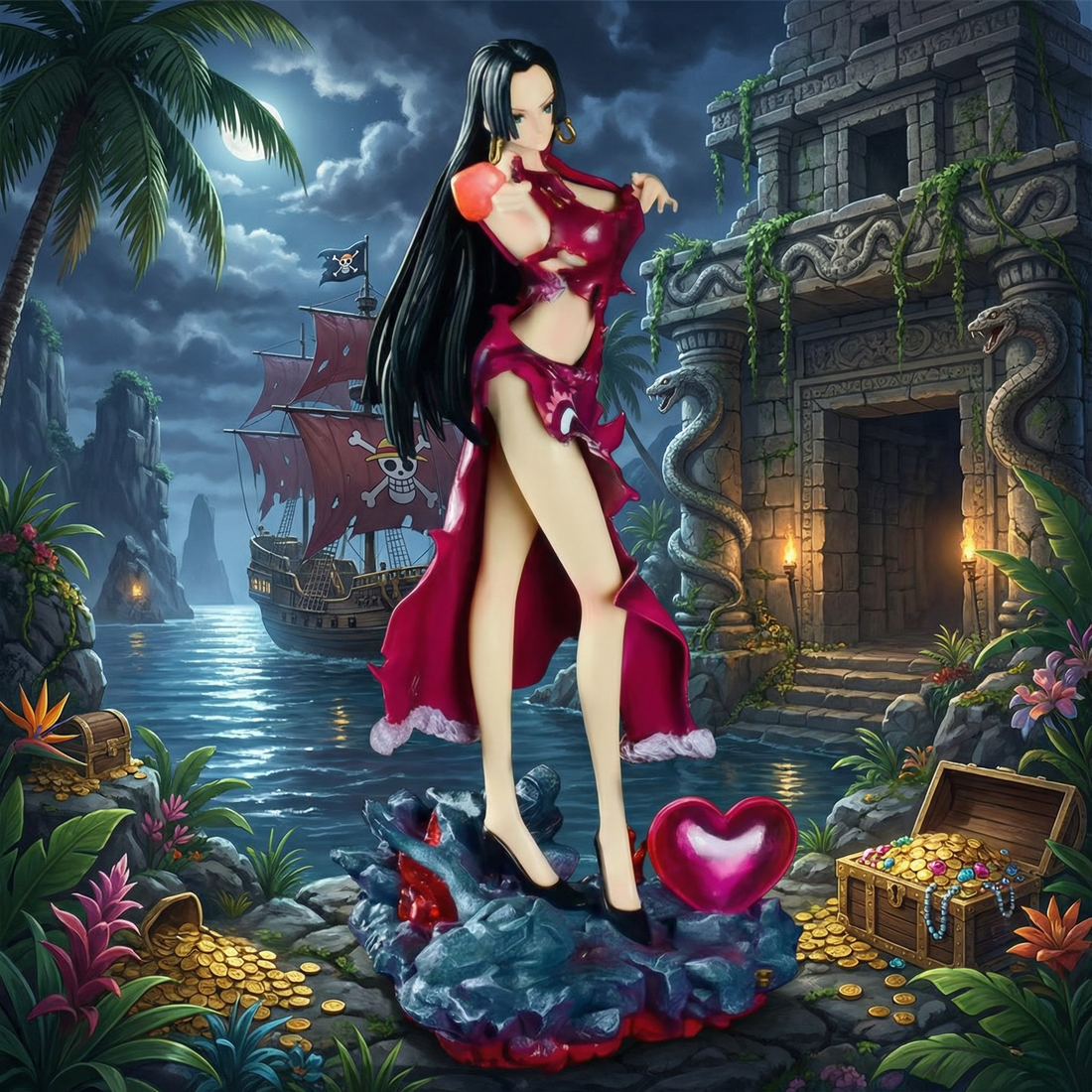 Statue of a woman in a red outfit on a tropical island with a ship and treasure chest in the background.