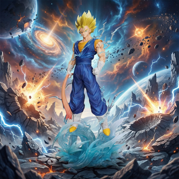 Super Saiyan character in a cosmic battle scene with planets and energy effects.