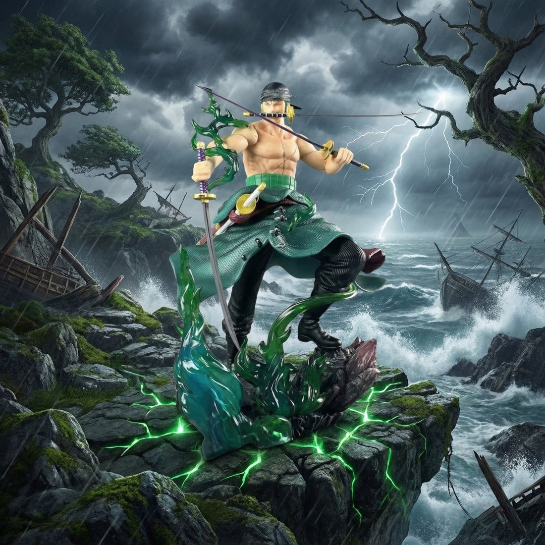 Merman standing on a rocky outcrop with a stormy sea and ships in the background