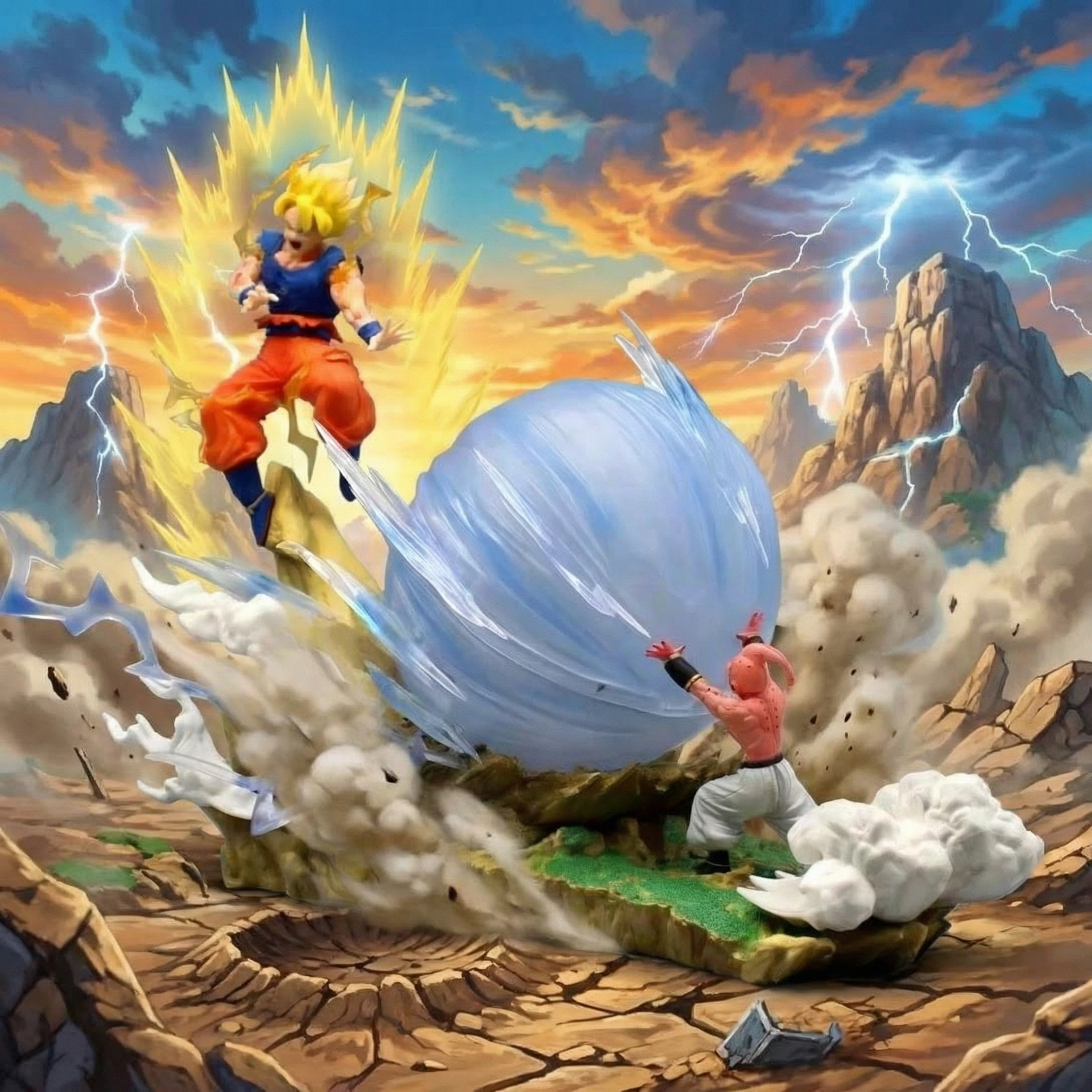 Animated characters in a dynamic battle scene with a large blue energy ball.