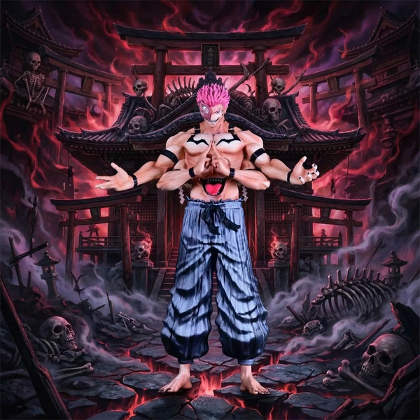 Animated character with pink hair and blue outfit standing in a fiery, apocalyptic setting with skeletons and torii gates.