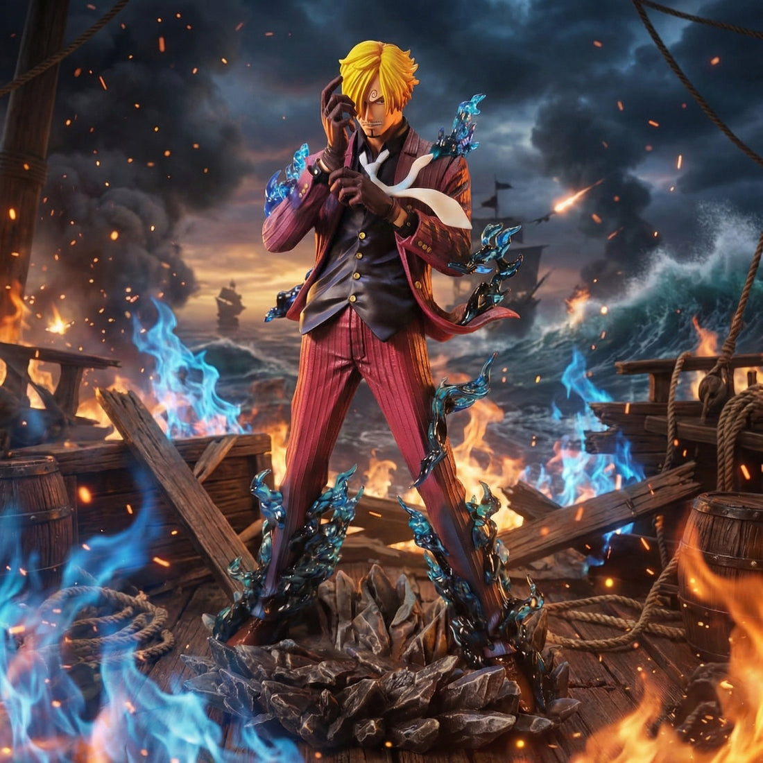 Animated character with glowing blue energy in a dramatic, fiery setting