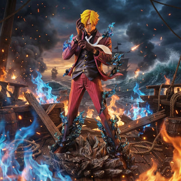 Animated character with glowing blue energy in a dramatic, fiery setting