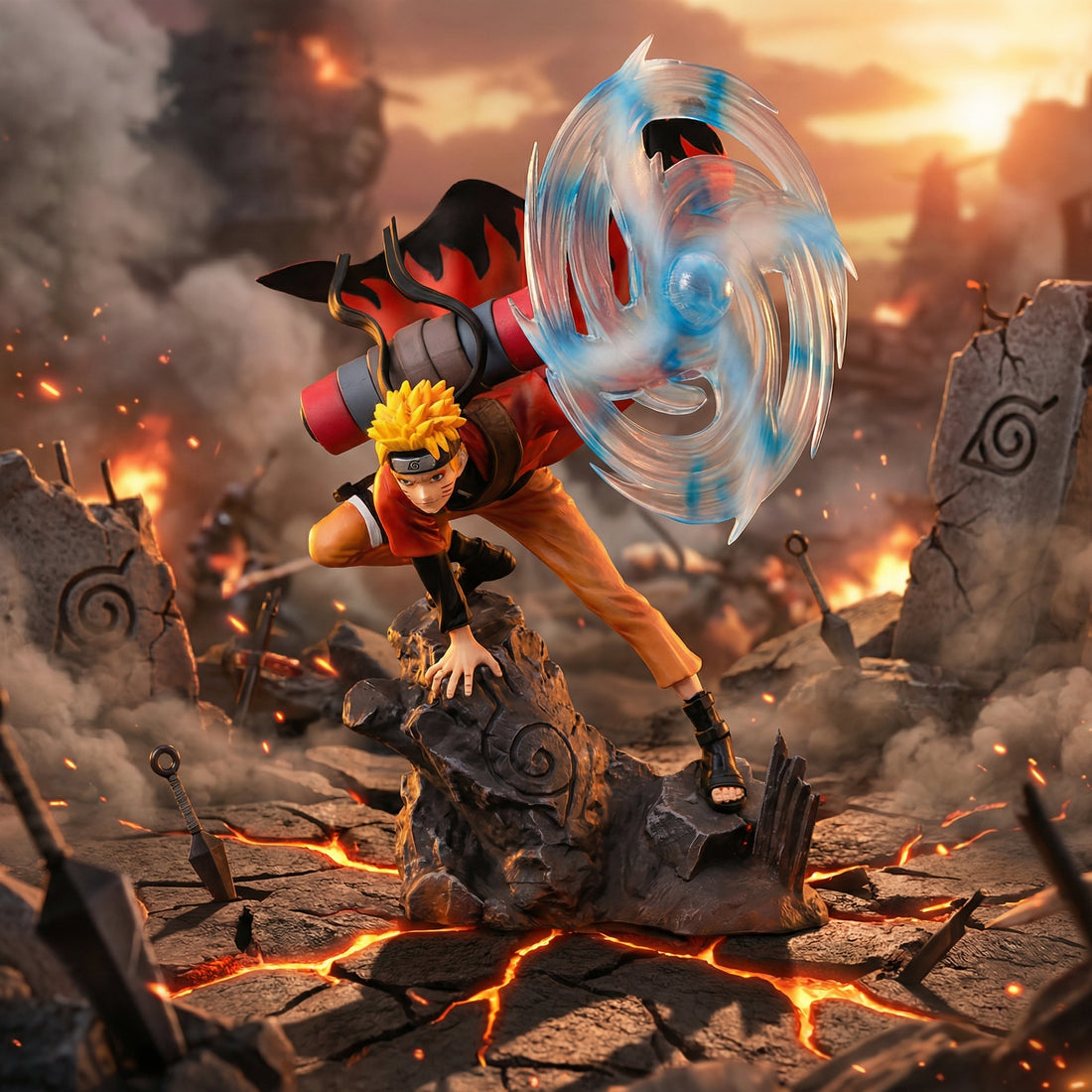 Animated character in a dynamic pose with a fiery background