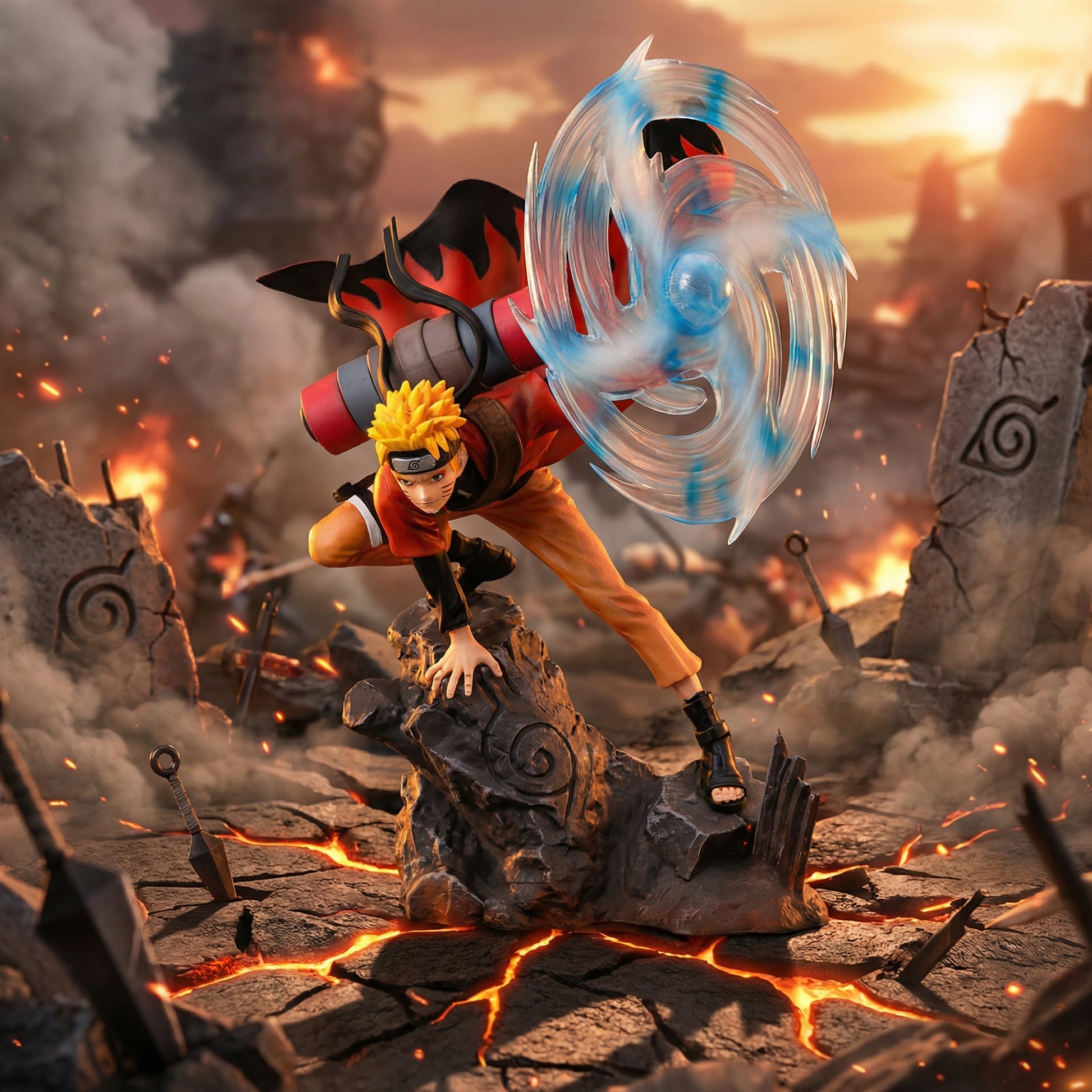 Animated character in a dynamic pose with a fiery background
