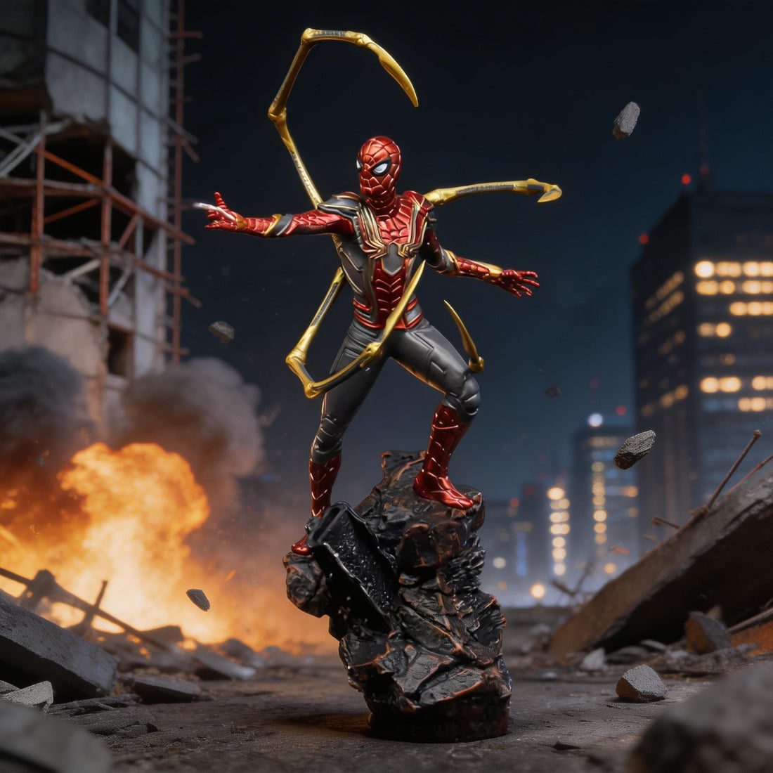 Superhero figurine in a dynamic pose with an explosion and cityscape in the background