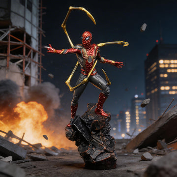 Superhero figurine in a dynamic pose with an explosion and cityscape in the background