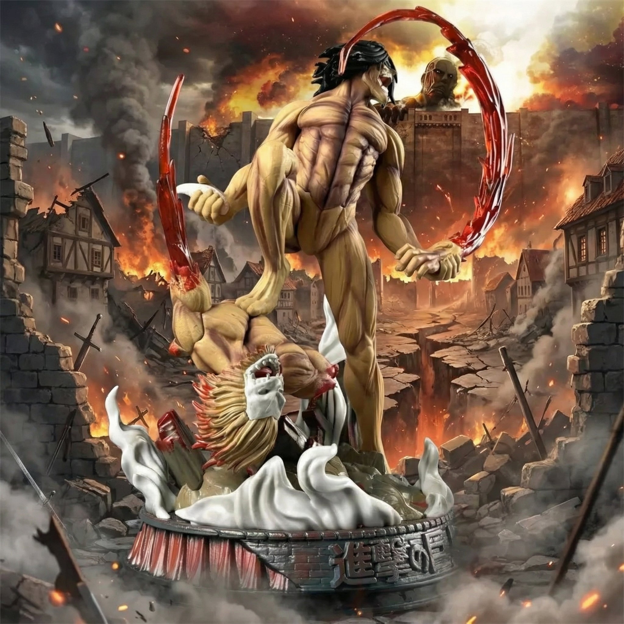 Muscular figure with a red weapon in a destroyed cityscape
