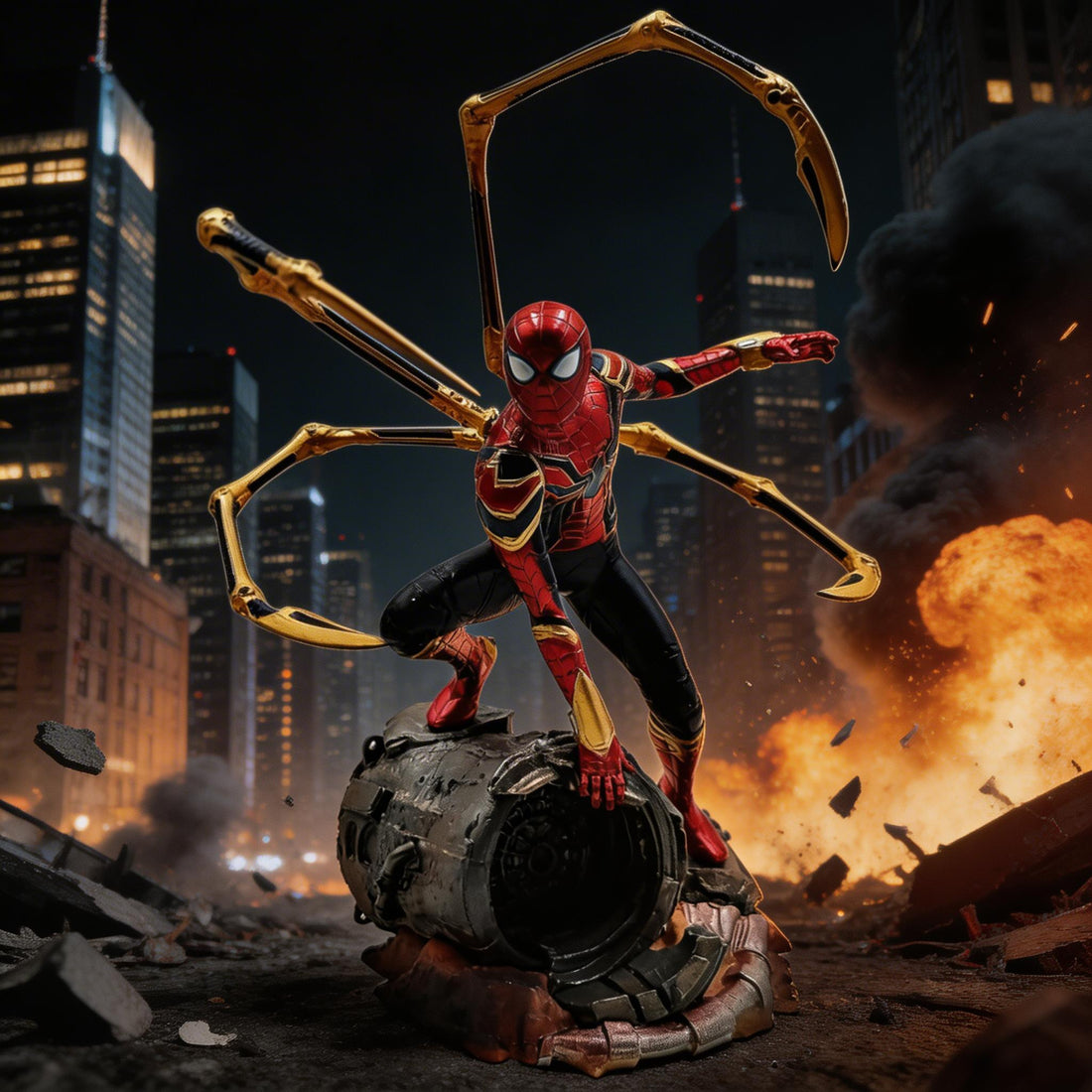 Spider-Man figure with web-shooters in an urban explosion scene