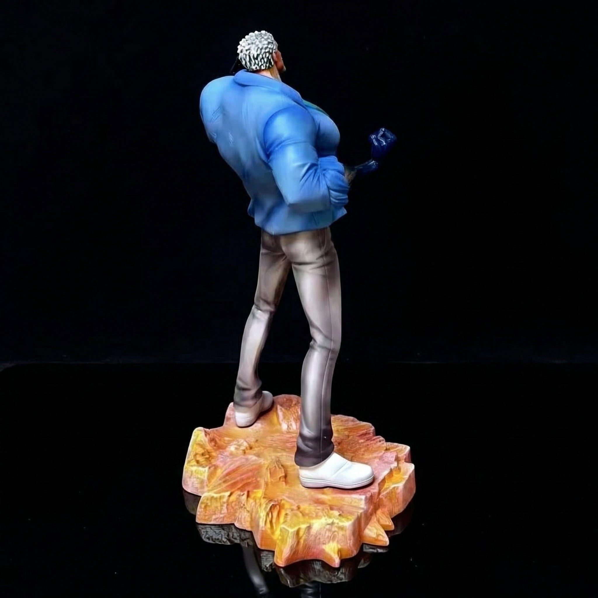 Animated character standing on a rock with a dramatic battle scene in the background