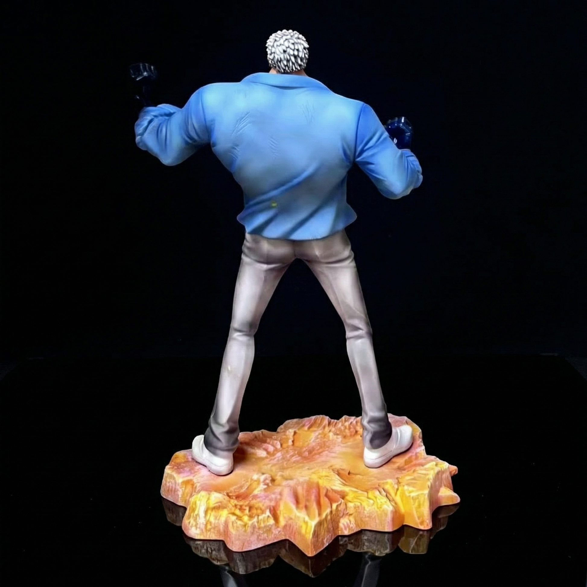 Animated character standing on a rock with a dramatic battle scene in the background