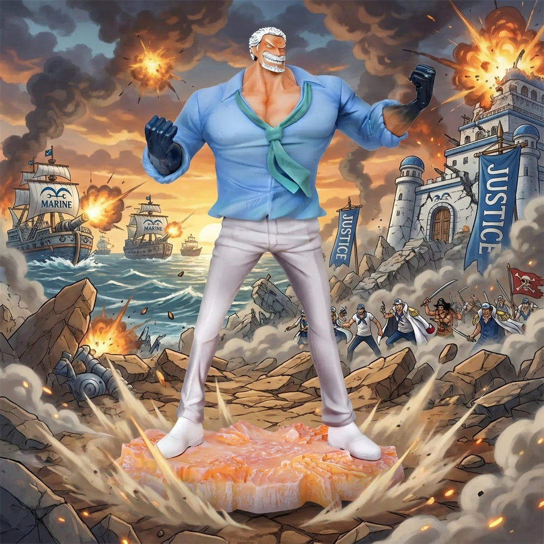 Animated character standing on a rock with a dramatic battle scene in the background