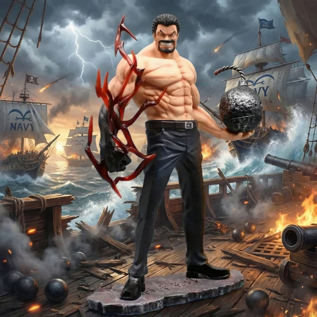 Muscular figure with red tentacles in a chaotic naval battle scene