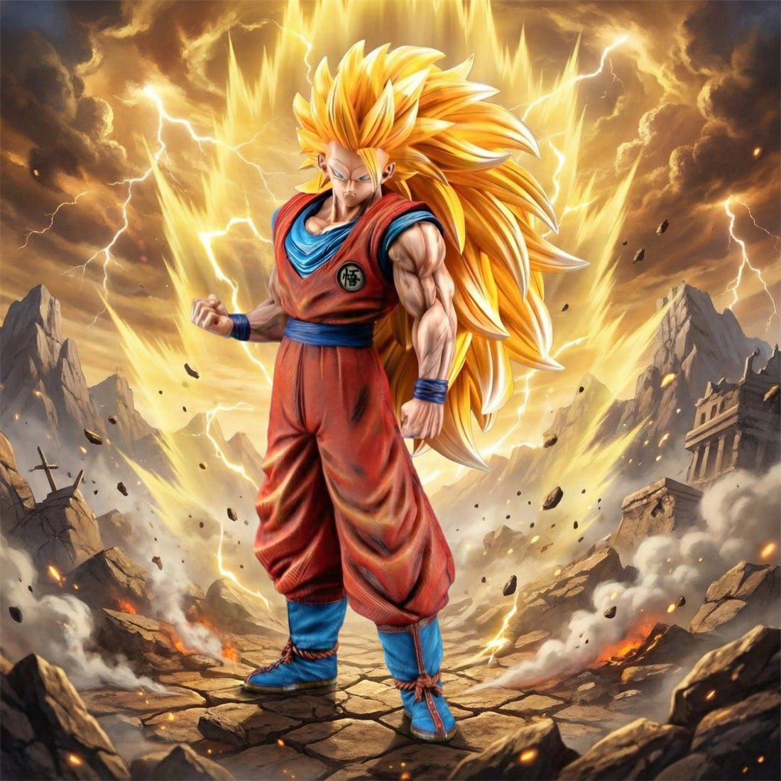 Super Saiyan character in a powerful pose with dramatic clouds and lightning in the background