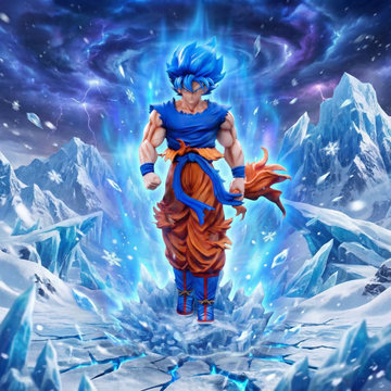 Super Saiyan Blue character in a snowy, icy landscape with a cosmic background