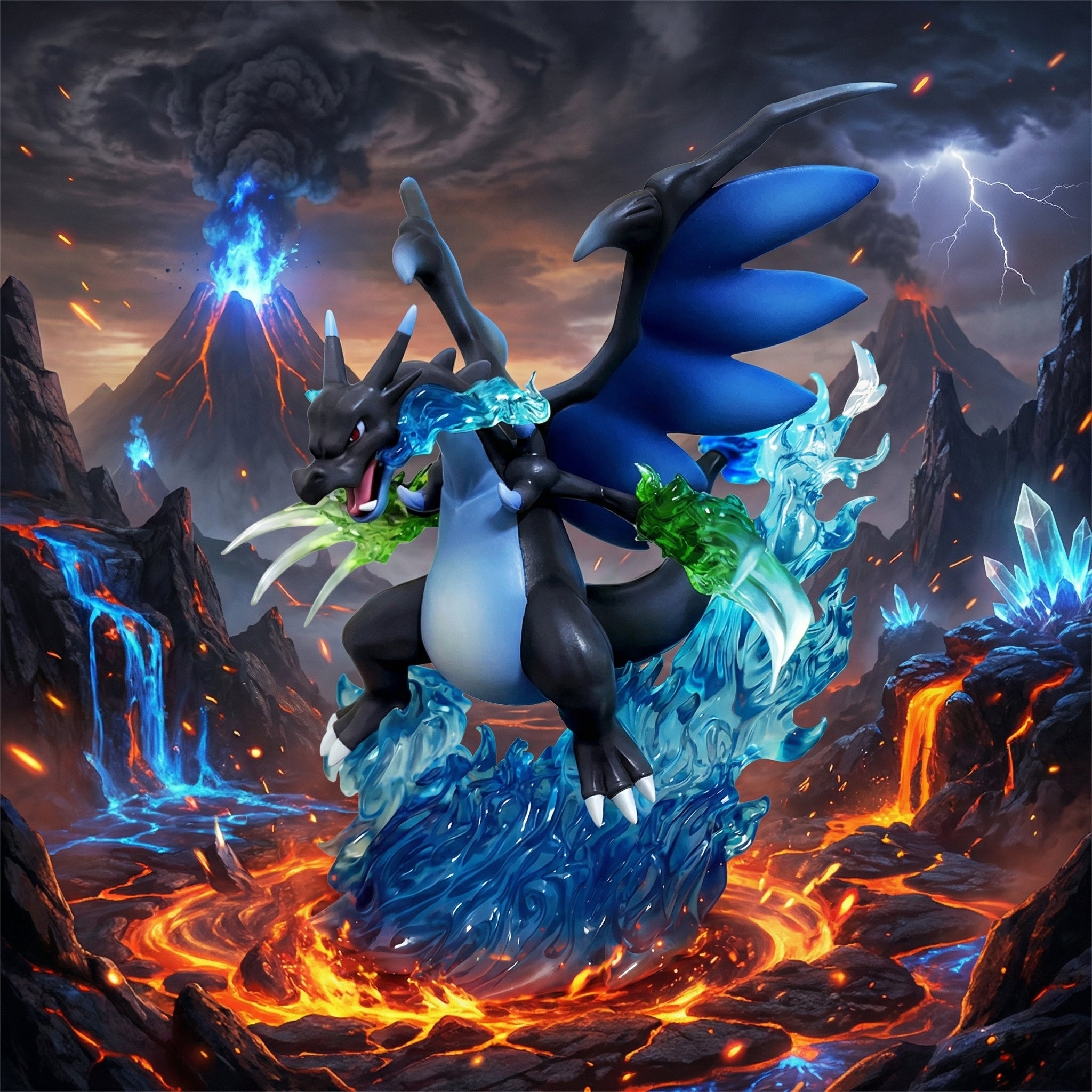 Animated creature surrounded by fiery and icy elements with a volcanic background