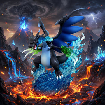 Animated creature surrounded by fiery and icy elements with a volcanic background
