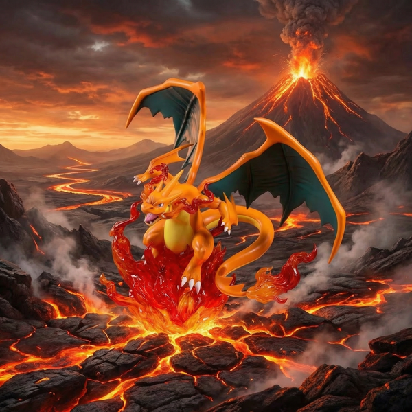 Dragon emerging from lava with a volcano in the background
