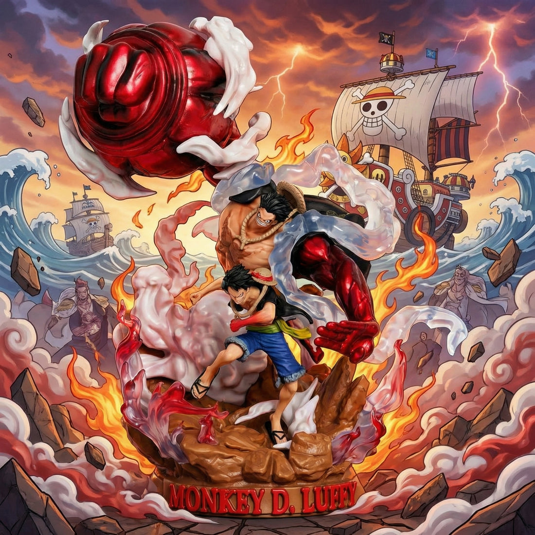 Illustration of a dynamic scene with a large red rose, a ship, and characters in a dramatic setting.