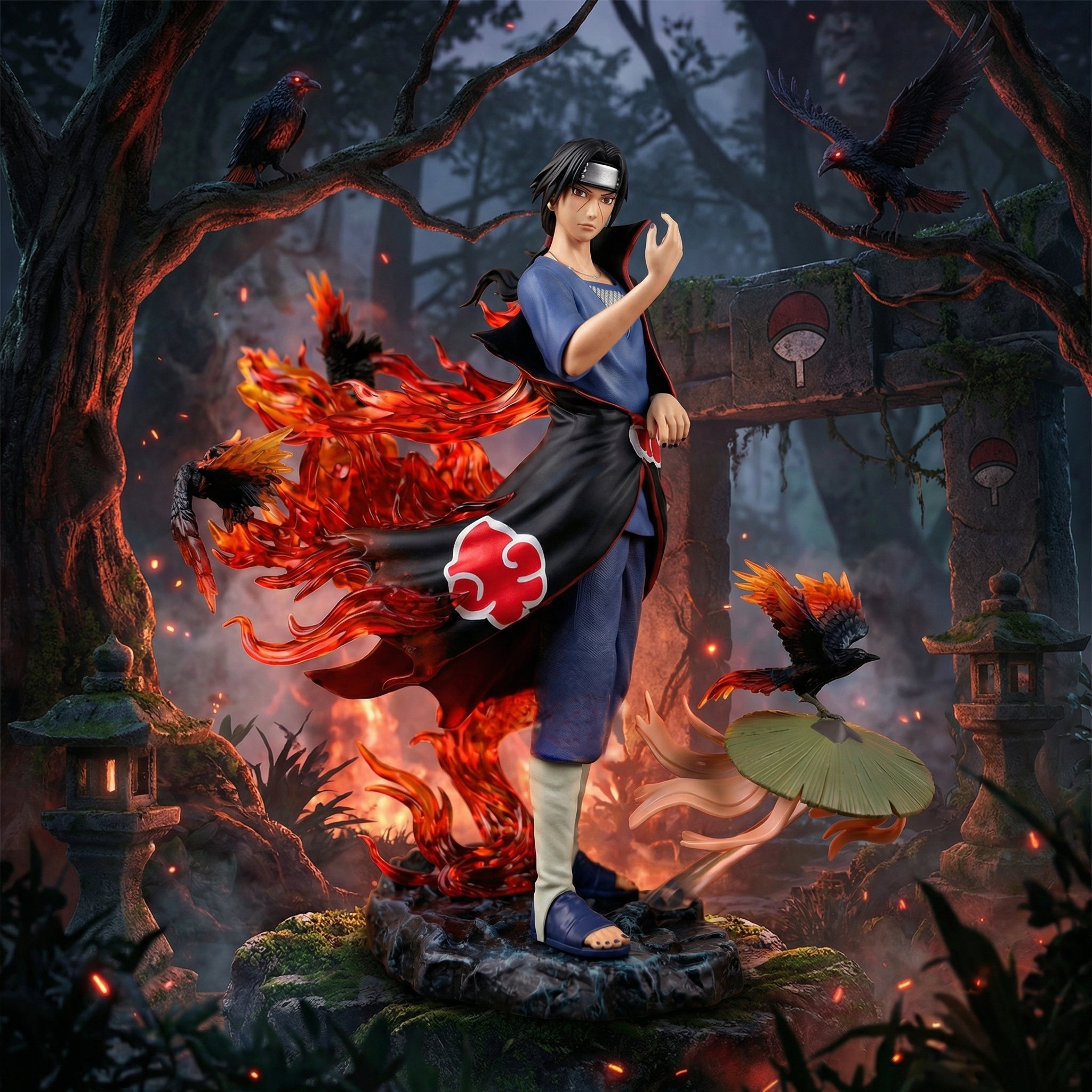 Animated character with fiery abilities in a dark forest setting