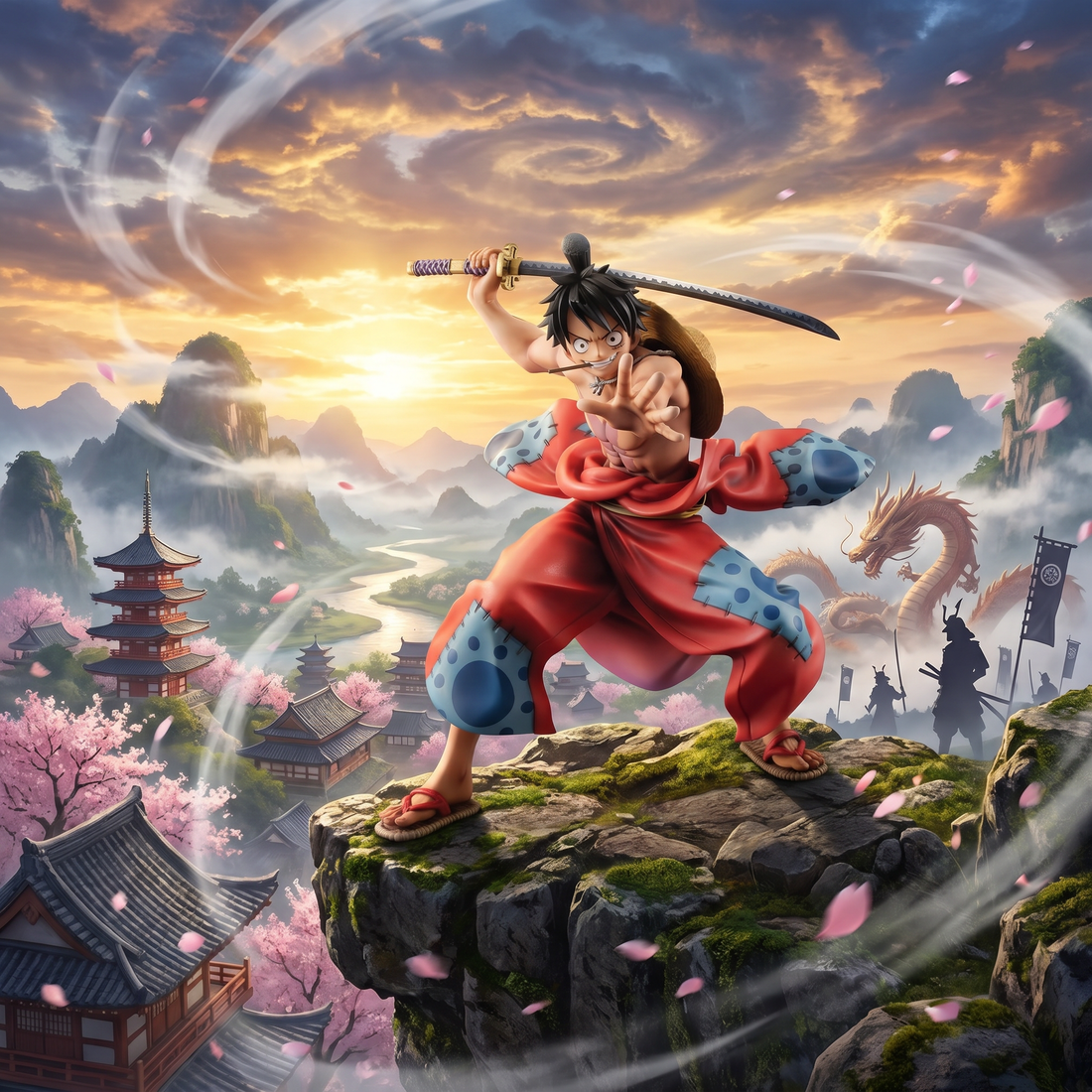 Animated character in a dynamic pose with a sword, set against a fantasy landscape with cherry blossoms and traditional architecture.