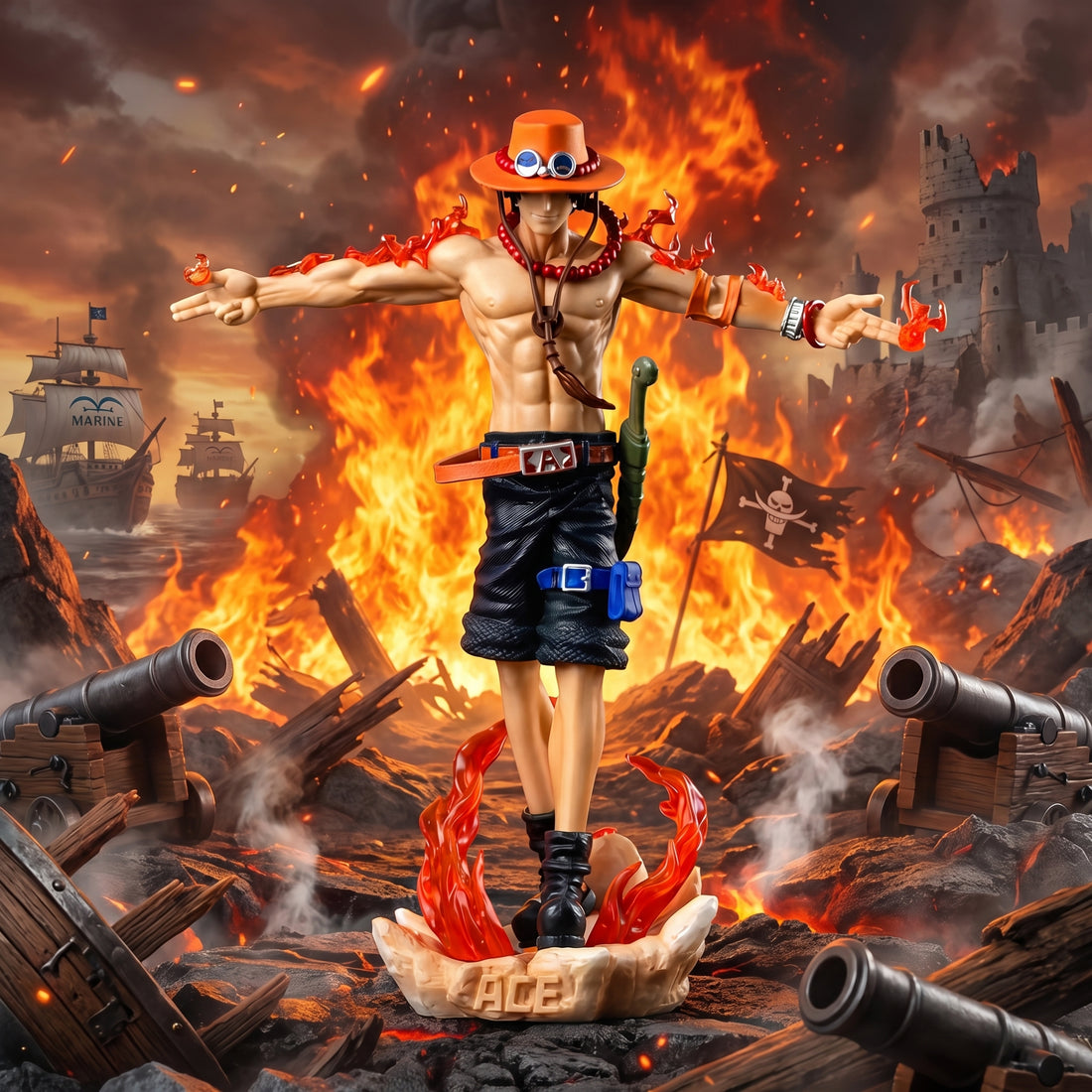 Action figure of a pirate character on a fiery background with ships and cannons.