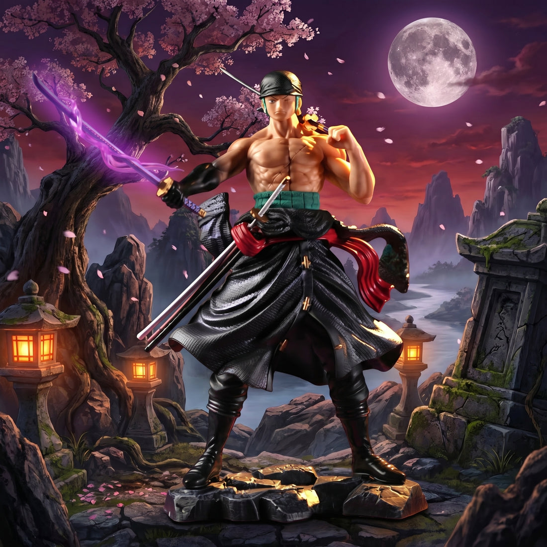 Animated character in a fantasy setting with a sword and glowing weapon, under a full moon.