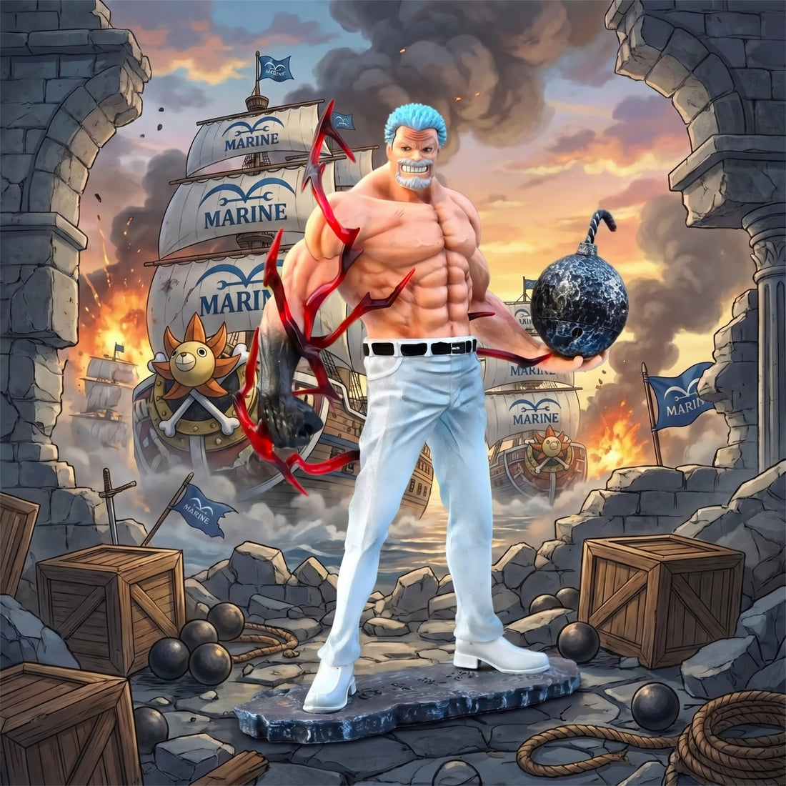 Muscular character with blue hair and red ribbon standing in front of a ship with 'Marine' branding, surrounded by crates and cannonballs.
