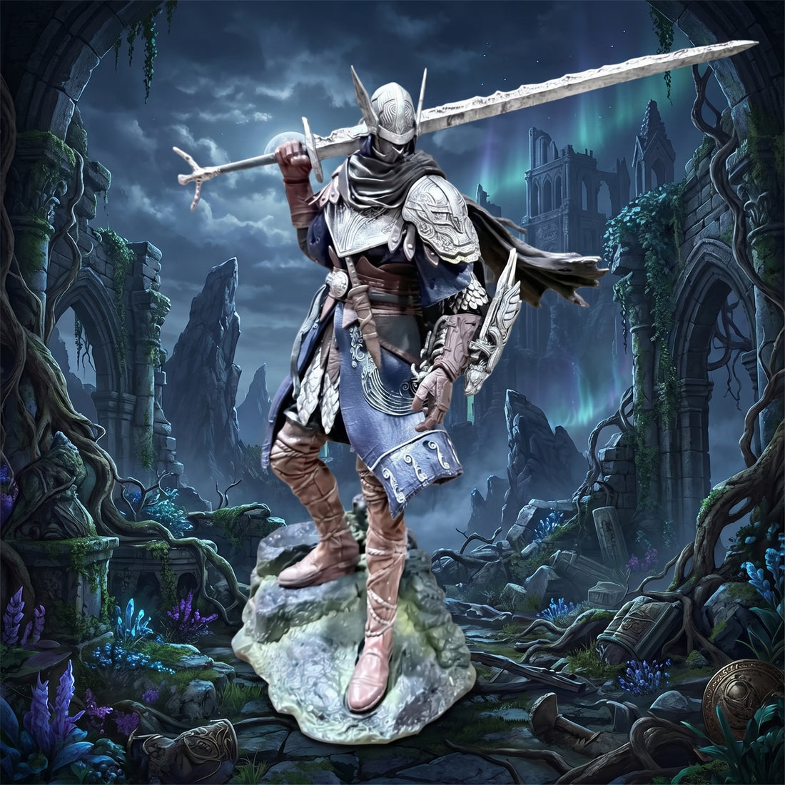 Fantasy warrior standing on a rock in a mystical, overgrown landscape with a sword.