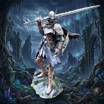 Fantasy warrior standing on a rock in a mystical, overgrown landscape with a sword.