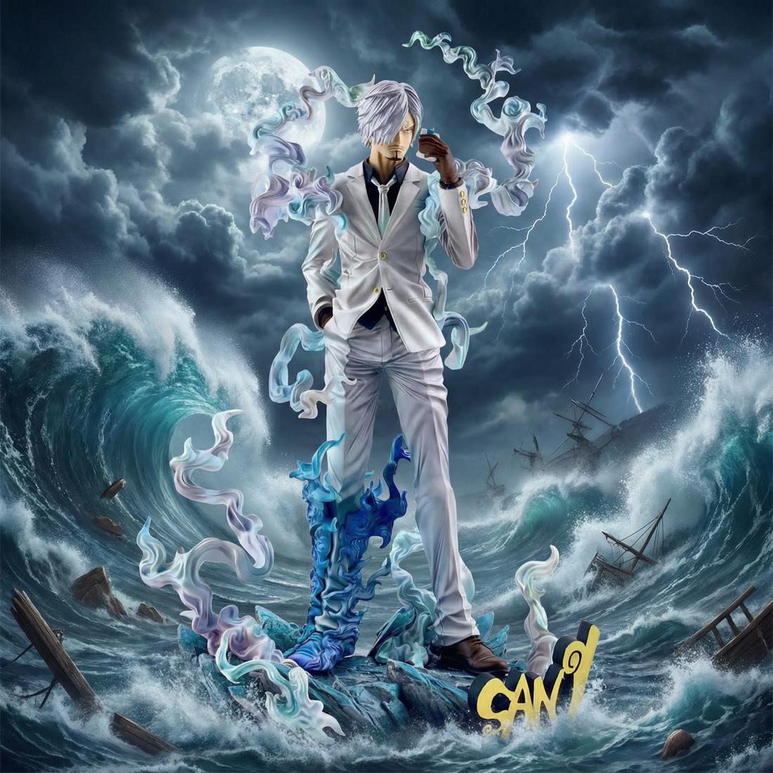 Man in a white suit standing on a stormy sea with dramatic lighting and clouds.