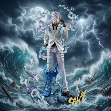 Man in a white suit standing on a stormy sea with dramatic lighting and clouds.