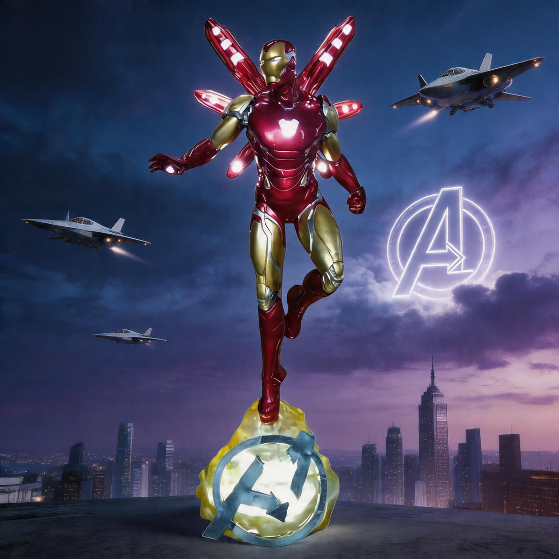 Iron Man figure with Avengers logo and cityscape in the background