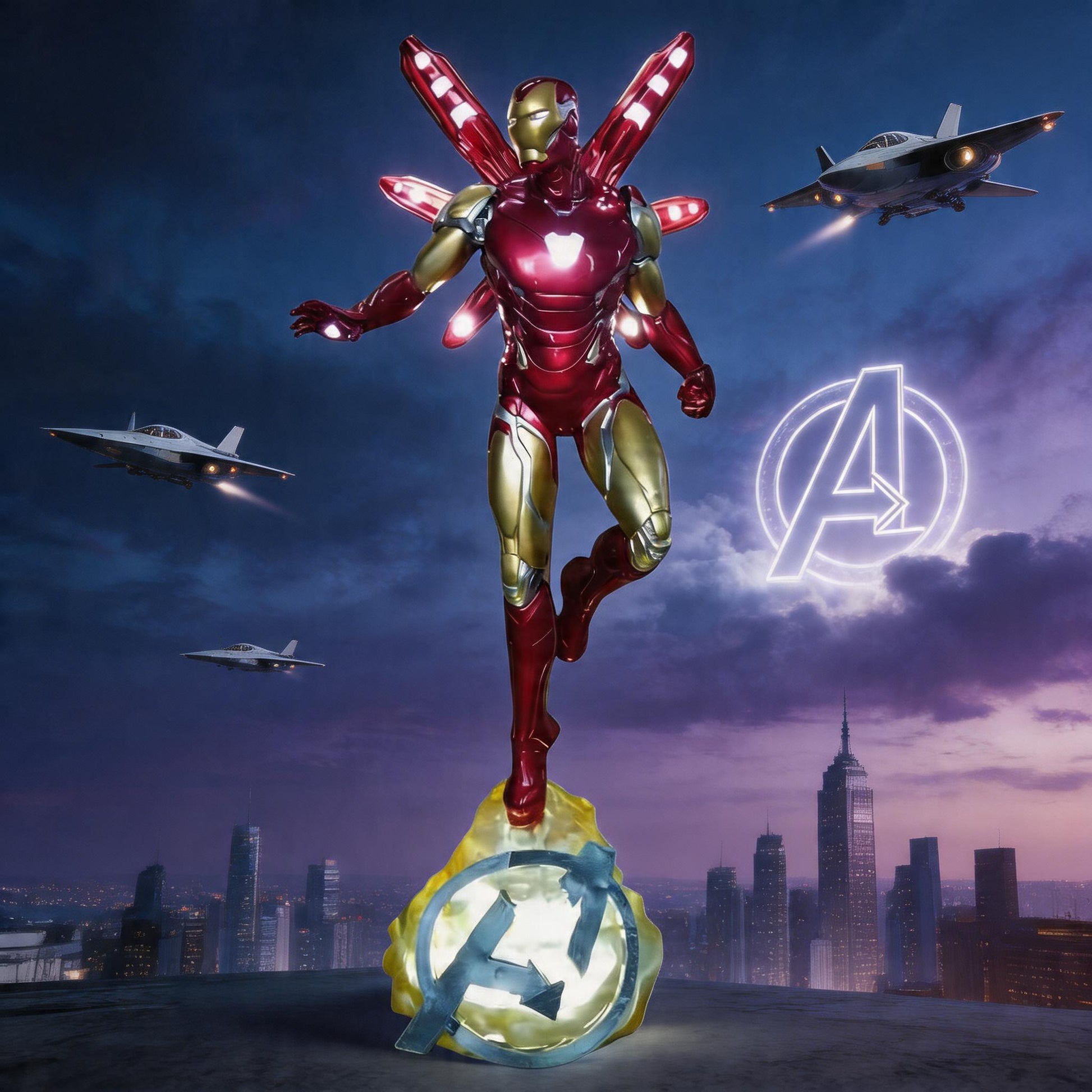 Iron Man figure with Avengers logo and cityscape in the background