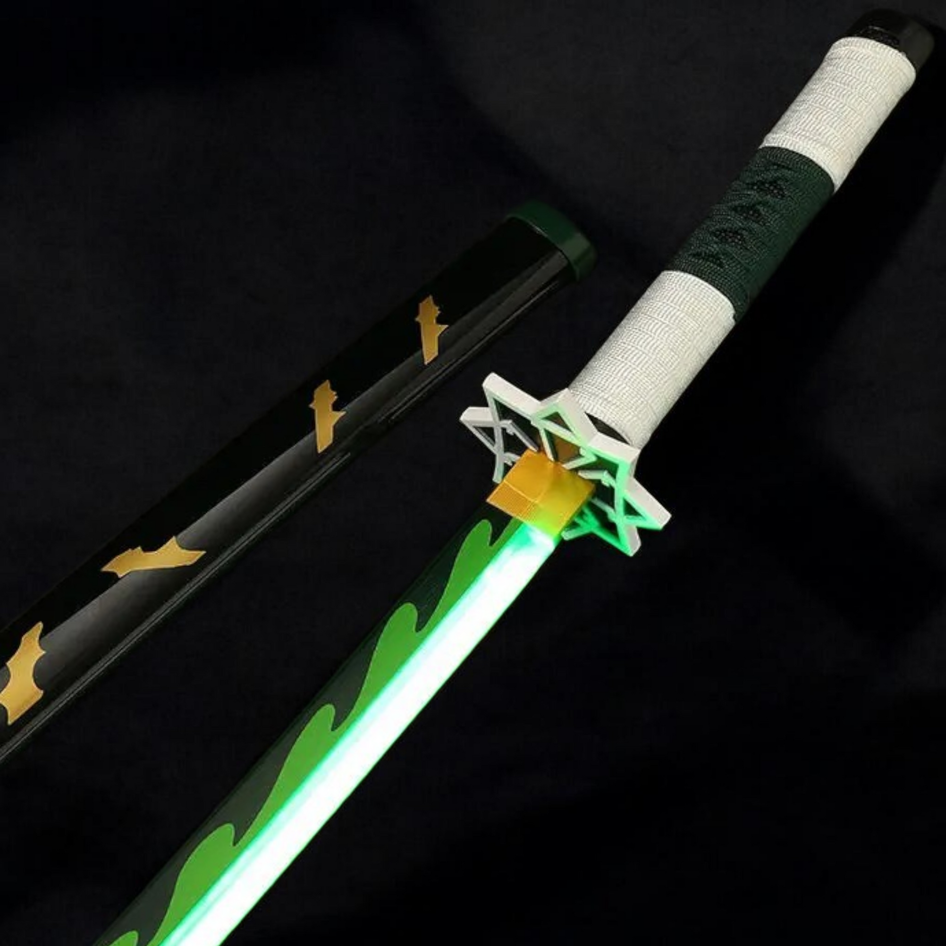 Sword with a green blade and white handle on a black background