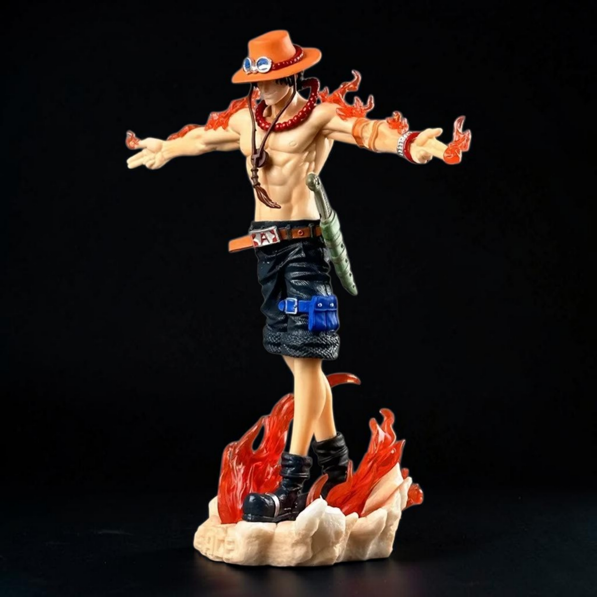 Statue of a character with open arms on a black background