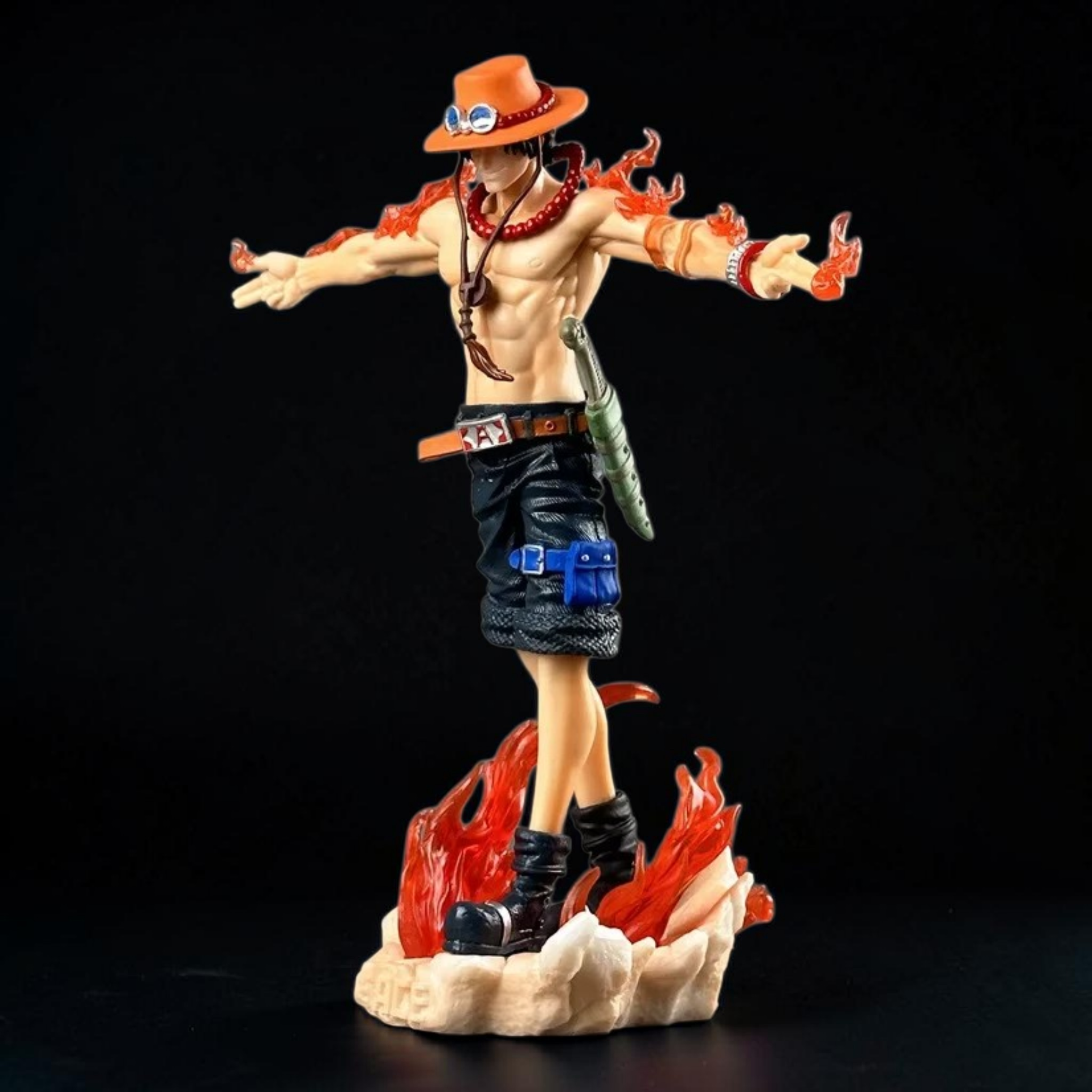 Statue of a character with open arms on a black background