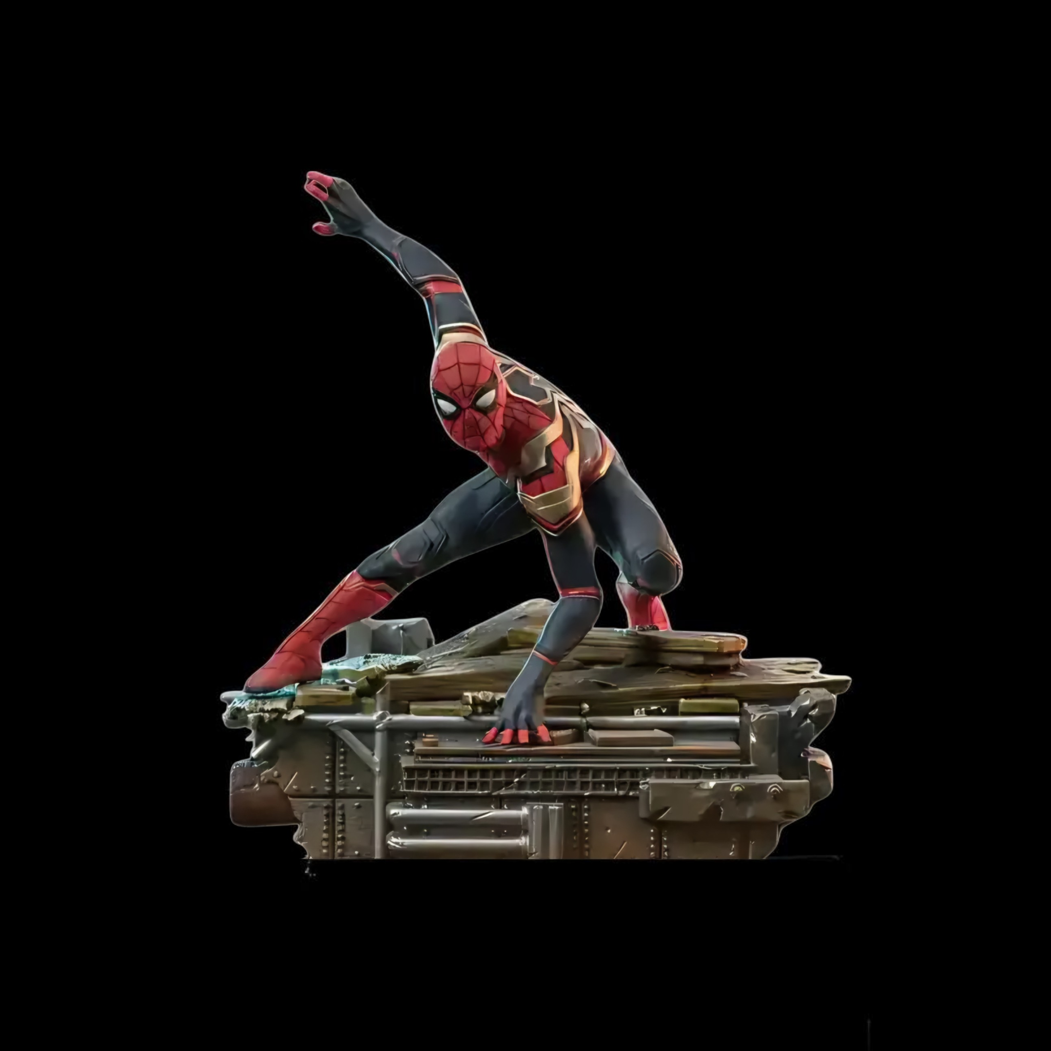 Spider-Man figure on a platform with a black background