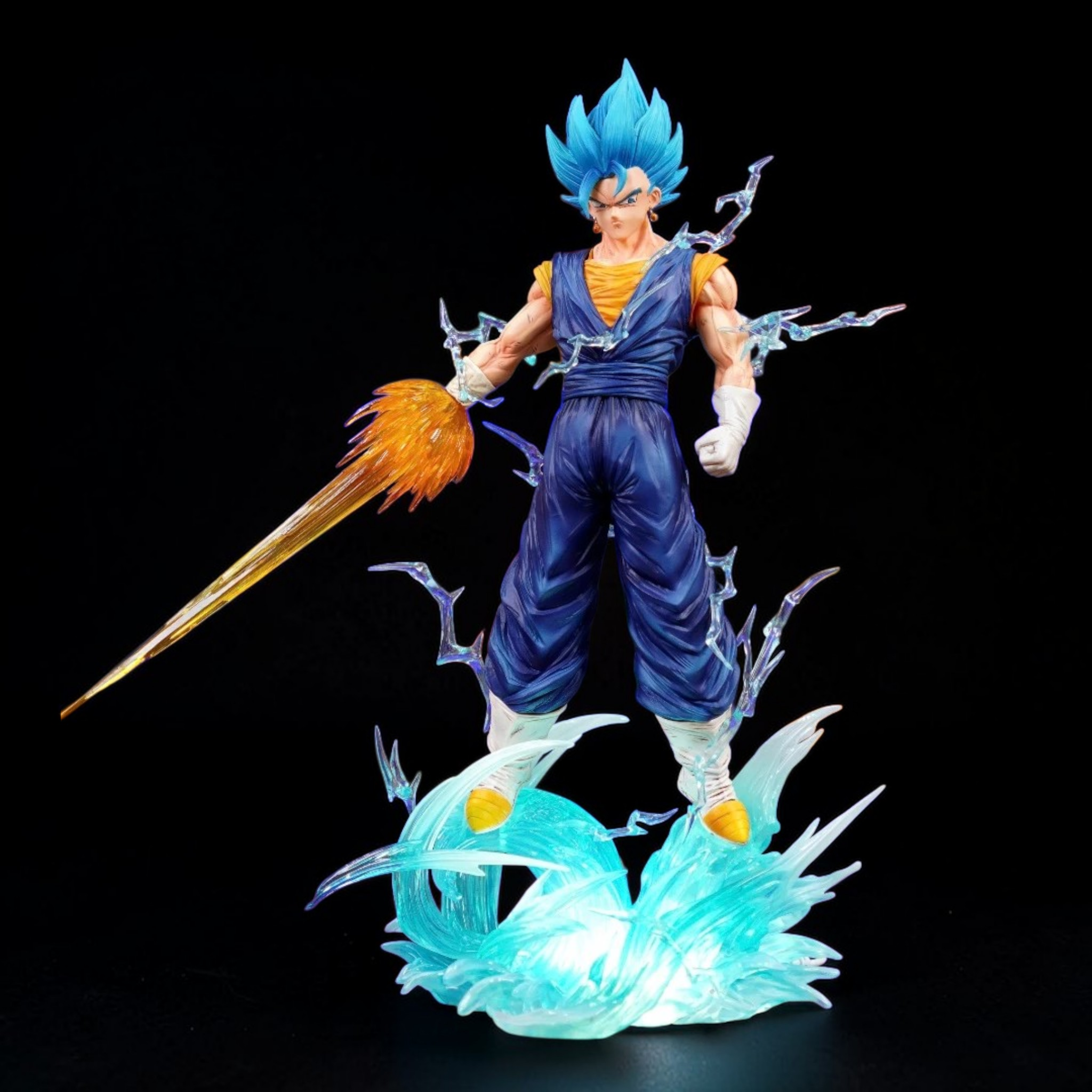 Super Saiyan Blue character with blue hair and a blue outfit, standing on a dark background.